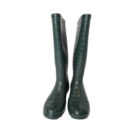 Khombu BW1208 Crocodile Tall Rubber Rain Boot Green Cheetah Print Lining sz 9 - Picture 3 of 9